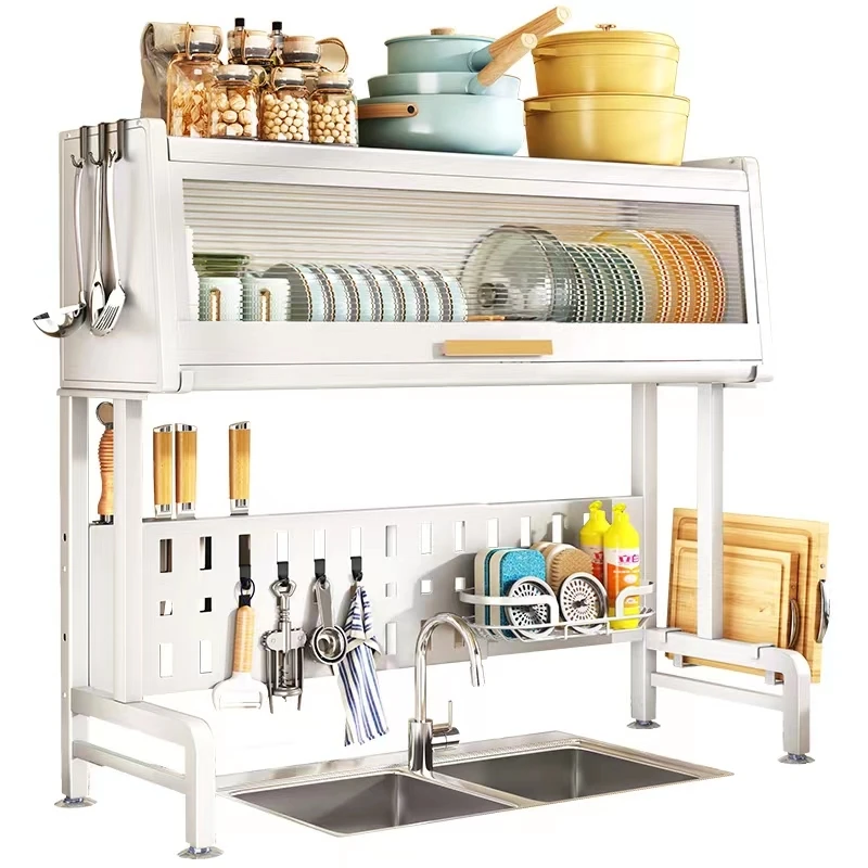 Cabinet door dust-proof sink frame retractable vertical kitchen bowl rack two-layer drainage storage rack