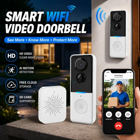 Tuya Smart WiFi Video Doorbell HD Night Vision AI Motion Detection Wireless Door Bell Support Cloud Storage SD Card Works