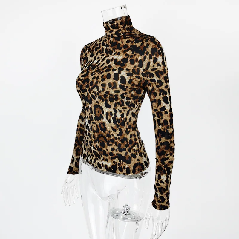 Women Long-sleeved Leopard Print Crops Tops INS New Fashion Casual Slim T-shirts Ladies Turtleneck Pullover Ice Silk Top Tees