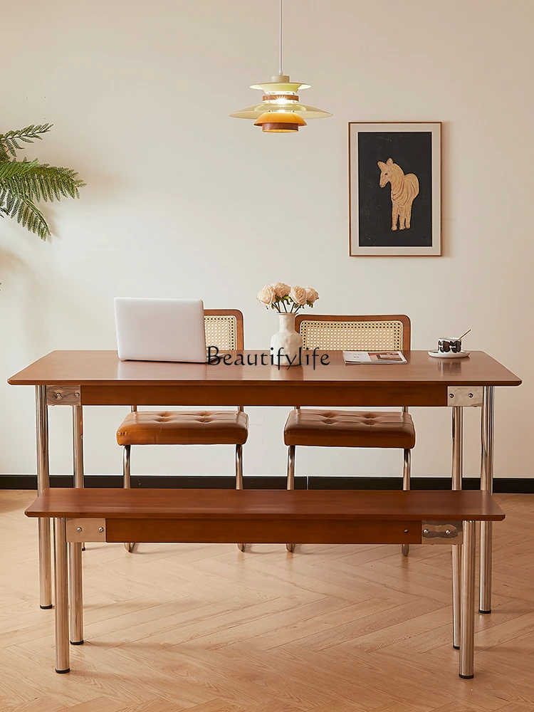 

Nordic retro style solid wood rock slab dining table modern small household rectangular dining table