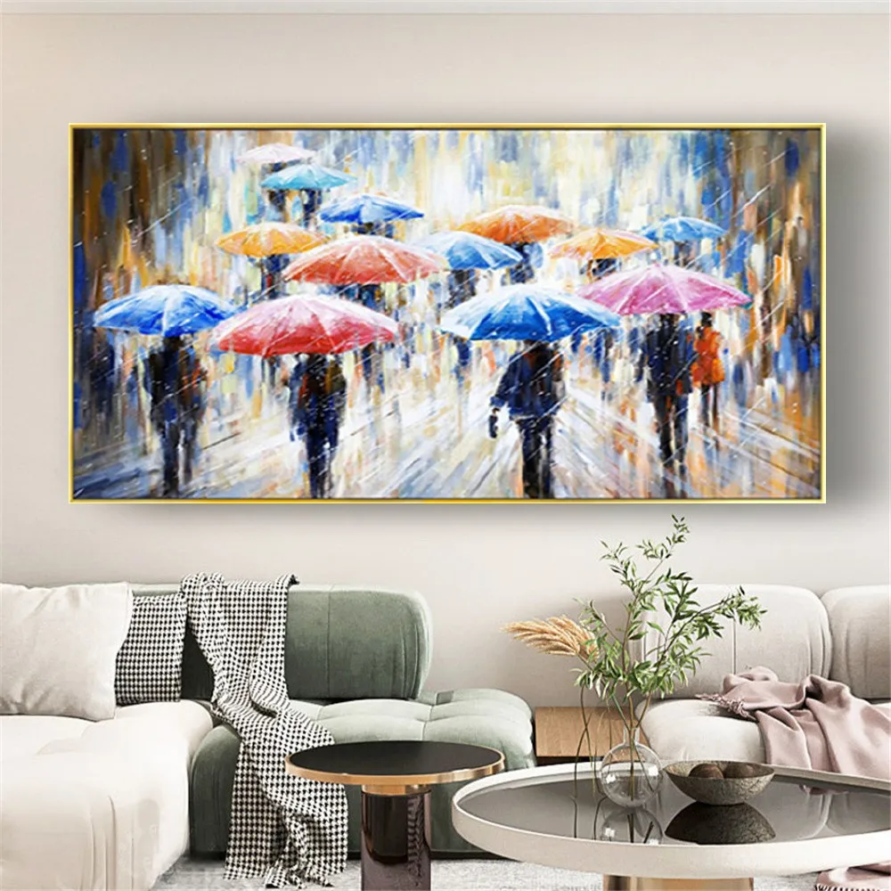 

Hand Painted Modern Large Abstract Oil Painting Street Crowd Plaza View Art Home Decor Hang Picture Beige Wall Pictures Mural