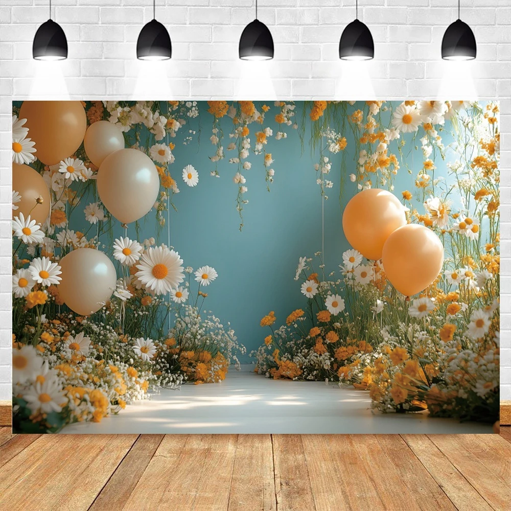 Spring Daisy Flowers Photography Backdrop Balloons Interior Wall Birthday Party Cake Smash Kids Portrait Photocall Background