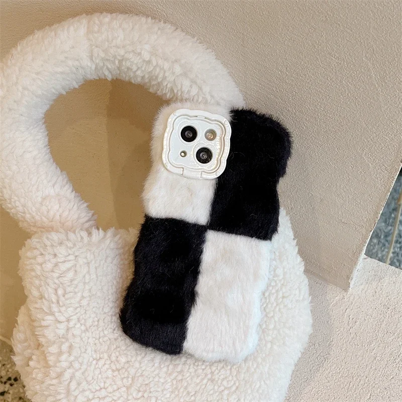 Cute Warm Winter Plush Fur Cover For iPhone 16 15 14 13 Pro Max 14 Plus 15 Plus Plush Hair Fluff Toy Soft Stand Phone Case