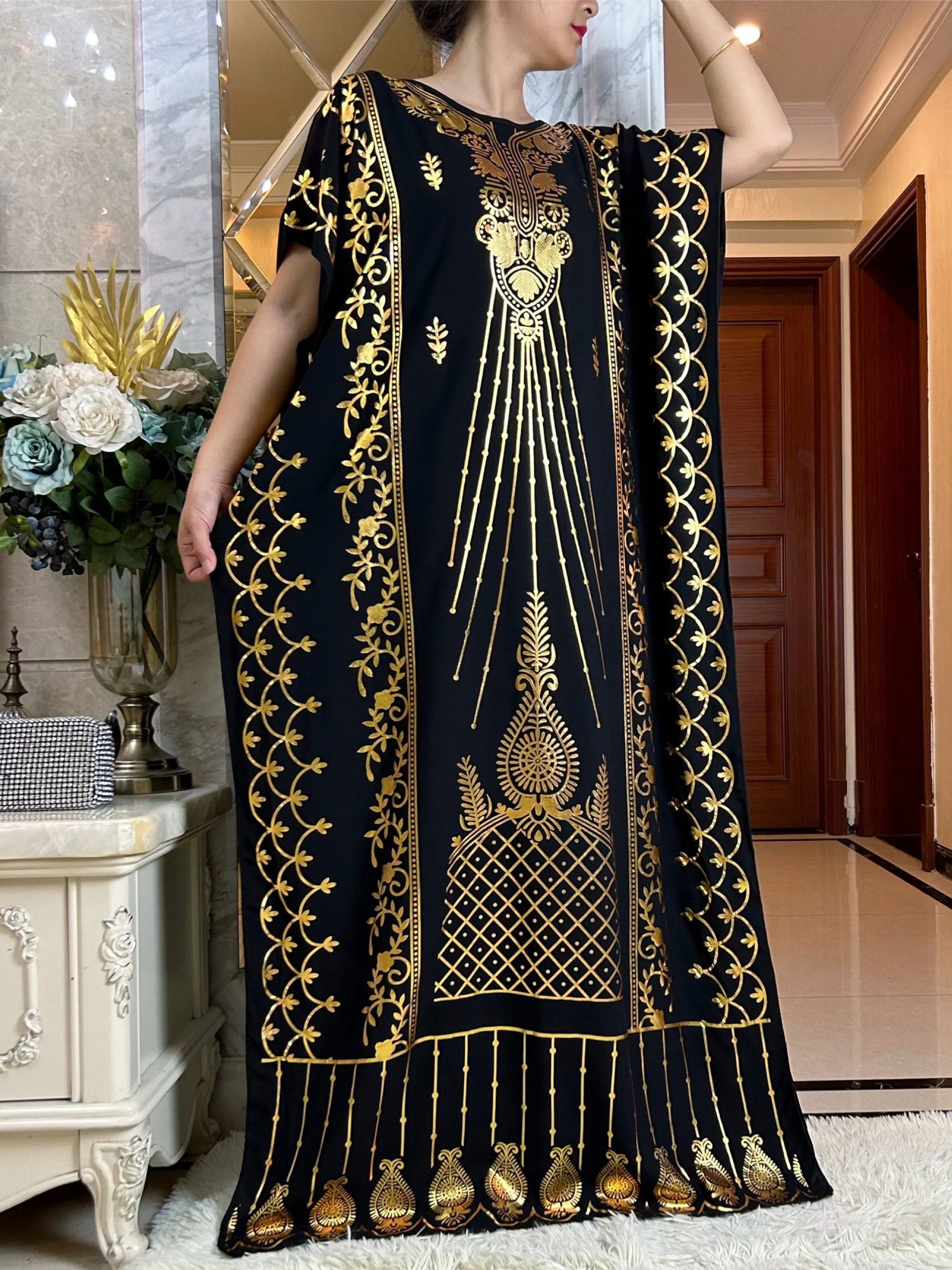 2024Newest Summer Abaya Dress Short Sleeve Cotton Loose Dress With Big Scarf Gold Stamping  Boubou Maxi Islam Women Clothing