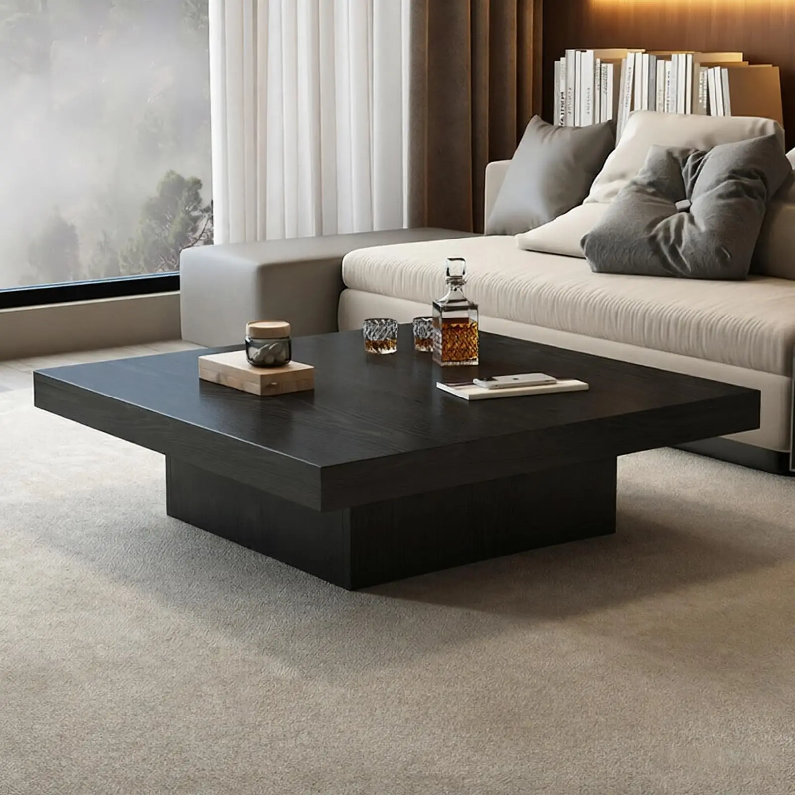 Coffee Table Modern Rustic Square Center Table with Wooden Legs, 1.6