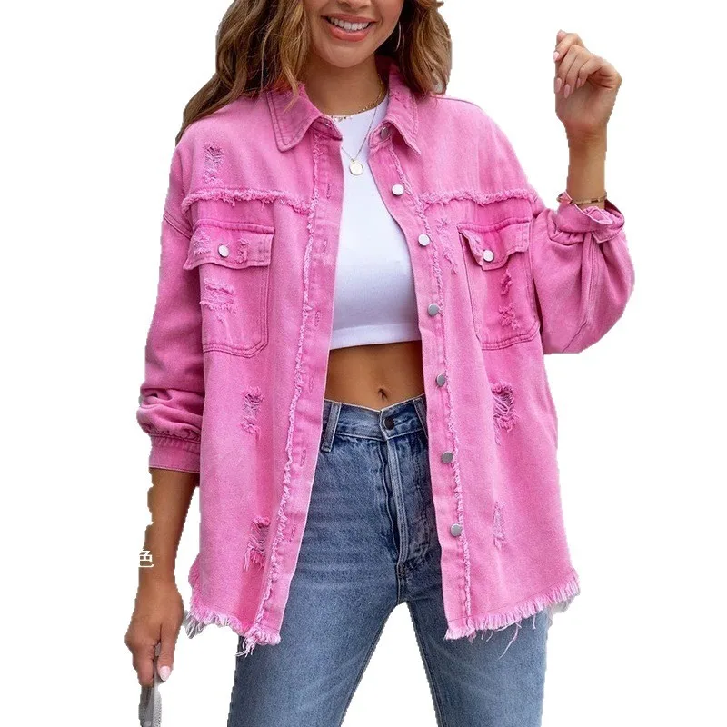 

New European American Denim Jacket Women's Solid Color Loose Jacket Perforated Long Sleeved Women's Denim Shirt