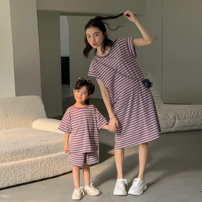 Mom Son Matching Clothes Mother Daughter Dress Korean Boys Kids Sets Outfits Women Baby Girls Dresses Brother Sister Clothing