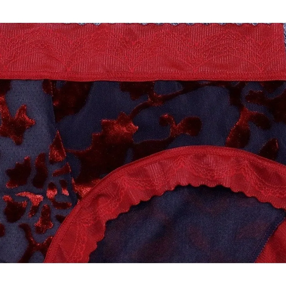 Men's Lace Briefs Transparent Flocking Print Bulge Pouch High Elastic Breathable Underwear Male Sexy Lingerie Panties