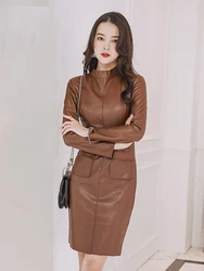 New Women's Mini Dress Temperament Elegant PU Leather Clothes Stand Collar Long Sleeve Bodycon Dress Office Street Club Vestido