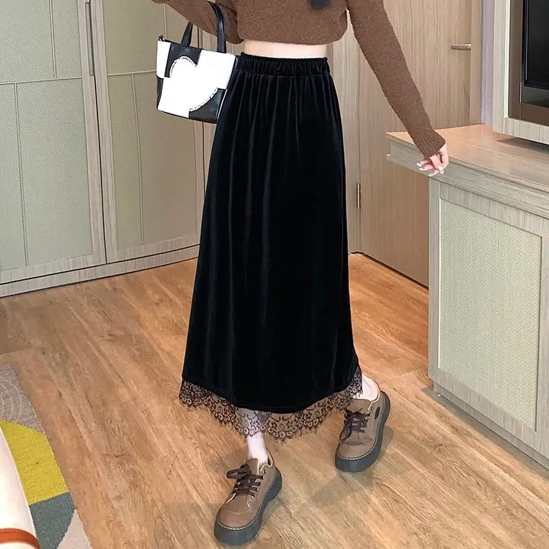 Jupes mi-longues en velours Vintage en dentelle Patchwork pour femme, vêtements trapèze élastiques, couleur unie, mode basique, fendue, automne hiver