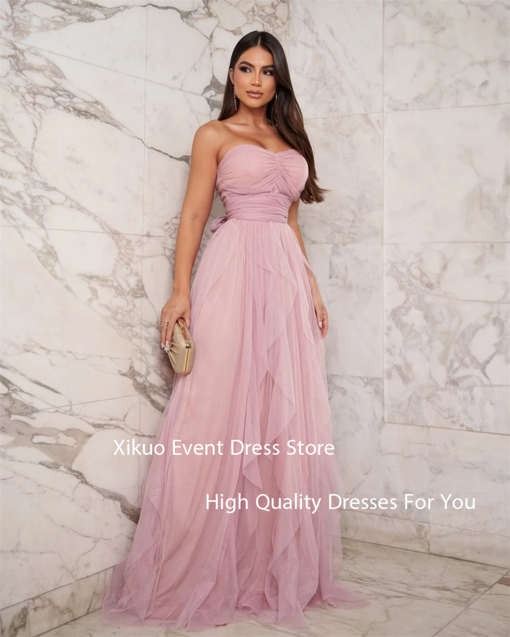 Xikuo Fashion Pink Tulle Evening Dress Women A Line Strapless Vestidos De Gala Pleated Floor Length Party Prom Gowns Customized