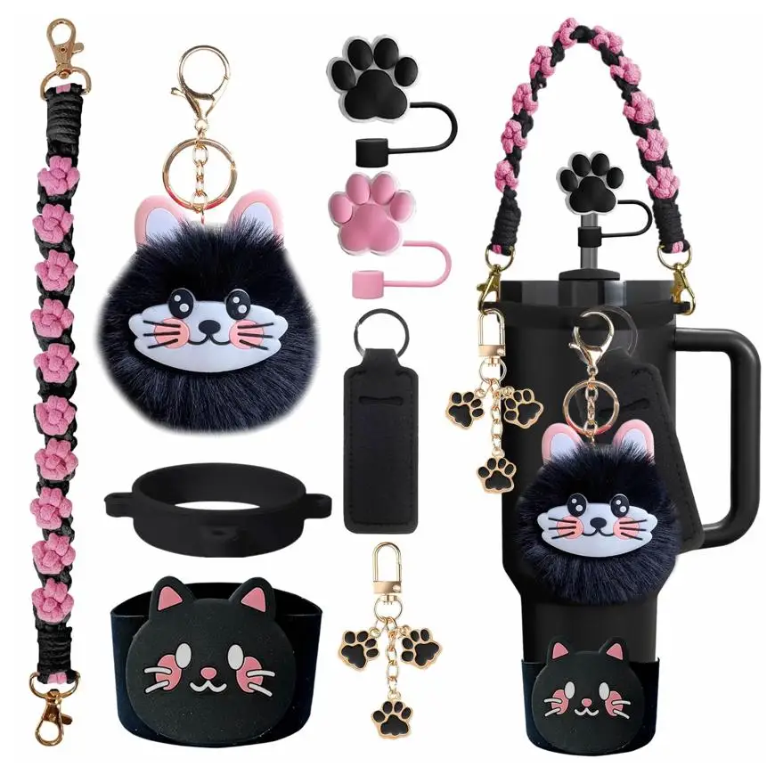 Cat-Themed Cup Accessories Set for Tumbler - Cat Paw Straw Topper Water Bottle Handle Boot Fluffy Cat Face Charms Keychain
