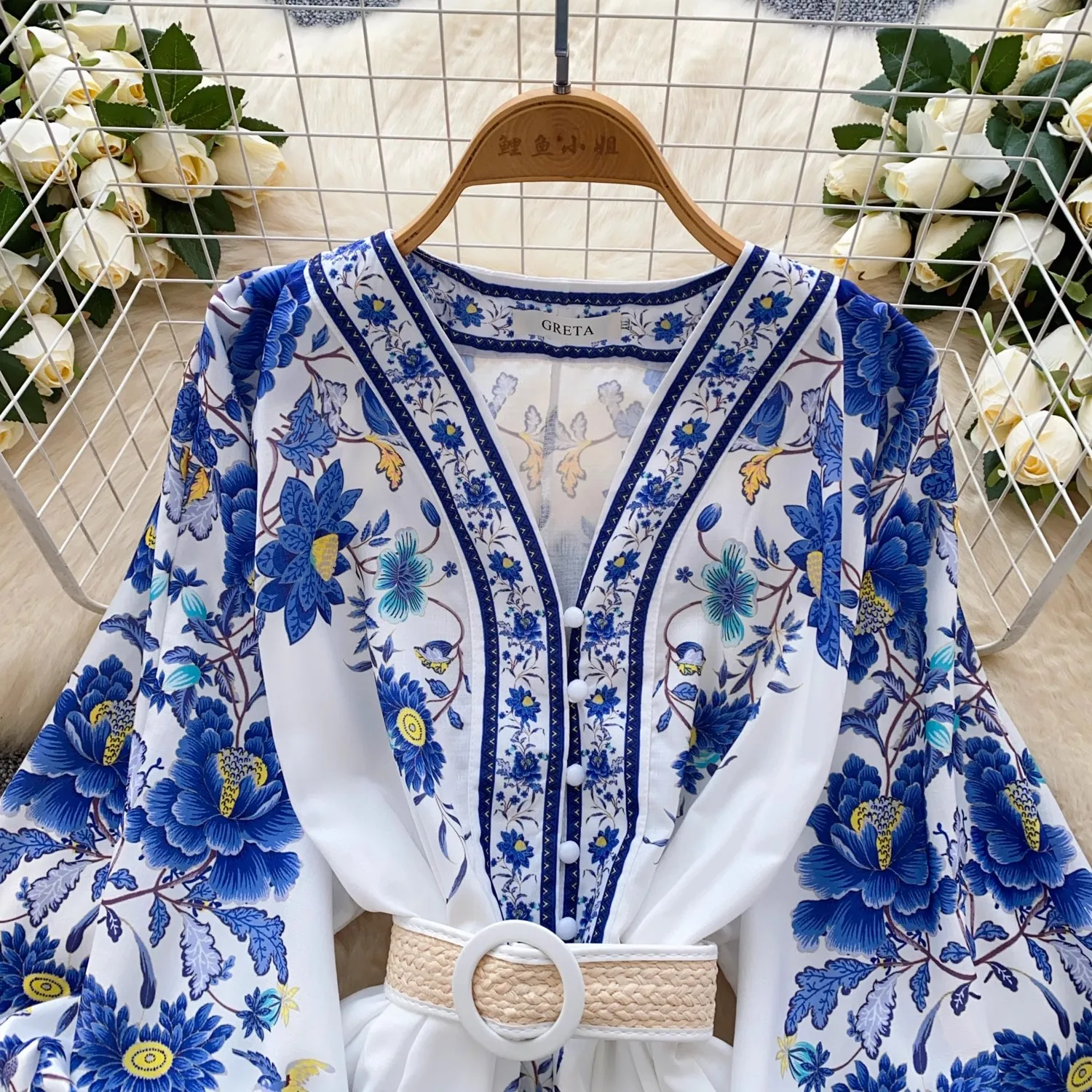 2025 Summer Holiday Boho Gorgeous Flower Mini Dress Women Lantern Sleeve V-Neck Single Breasted Belt Short Party Vestidos