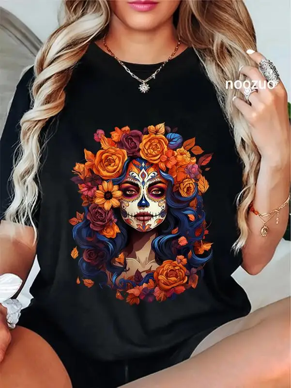 [100% قطن] تي شيرت نسائي 100% قطن للجنسين ضياء دي لوس مورتوس مكسيكي على شكل جمجمة السكر يوم الموتى
