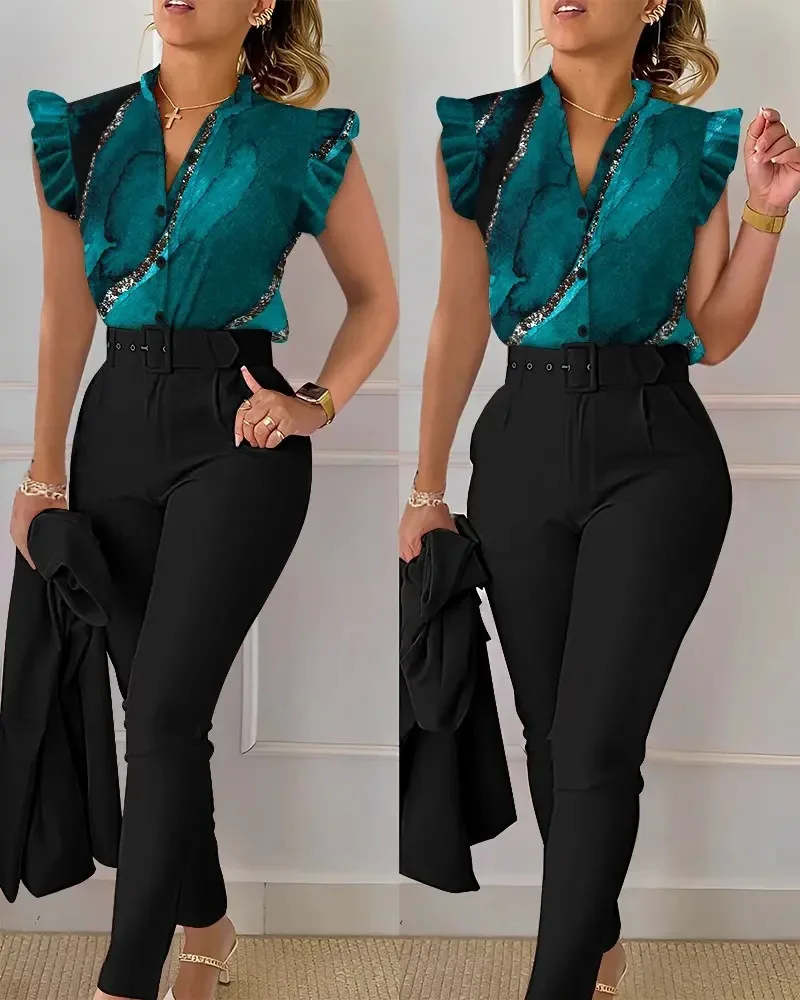 2 Stück elegante Damen V-Ausschnitt Arbeit tragen Blumen druck Rüschen ärmel hohe Taille Gürtel Damen Büro Hemd Hosen Set