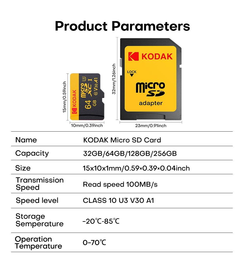 KODAK 100% Original Micro SD Card 16GB 32GB 64GB 128GB 256GB Microsd Memory Card Class10 SDXC U3 4K TF Card for Drone Phone