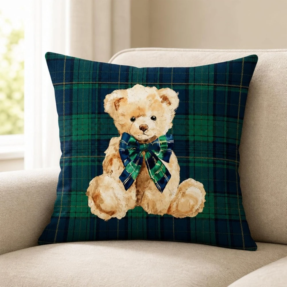 1PC Teddy Bear Plaid Print Pillow Covers, Home Decor, Sofa Couch, Bed, Bedroom Living Room, Polyester, Machine Washable, Cozy De
