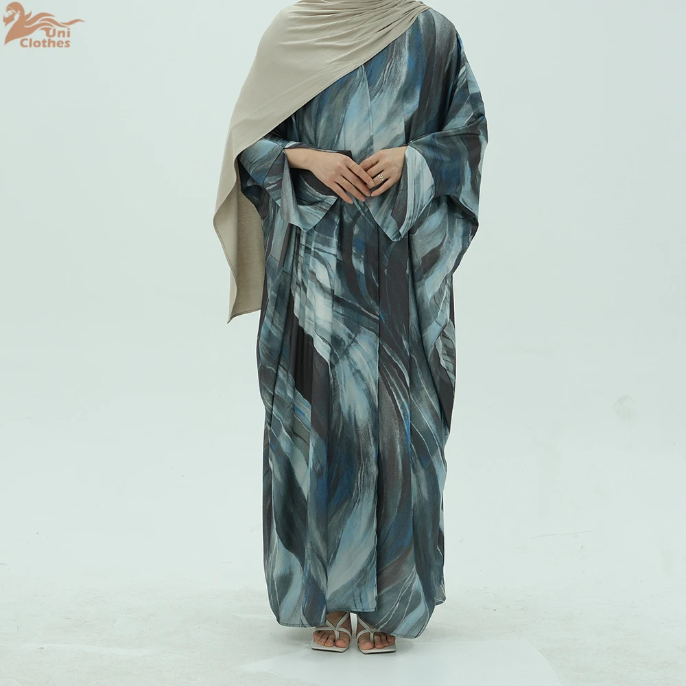 Uni musulmán mujer modesta elegante arrugado satén Abaya abierto mangas con hendidura ropa islámica estampada de lujo Dubai