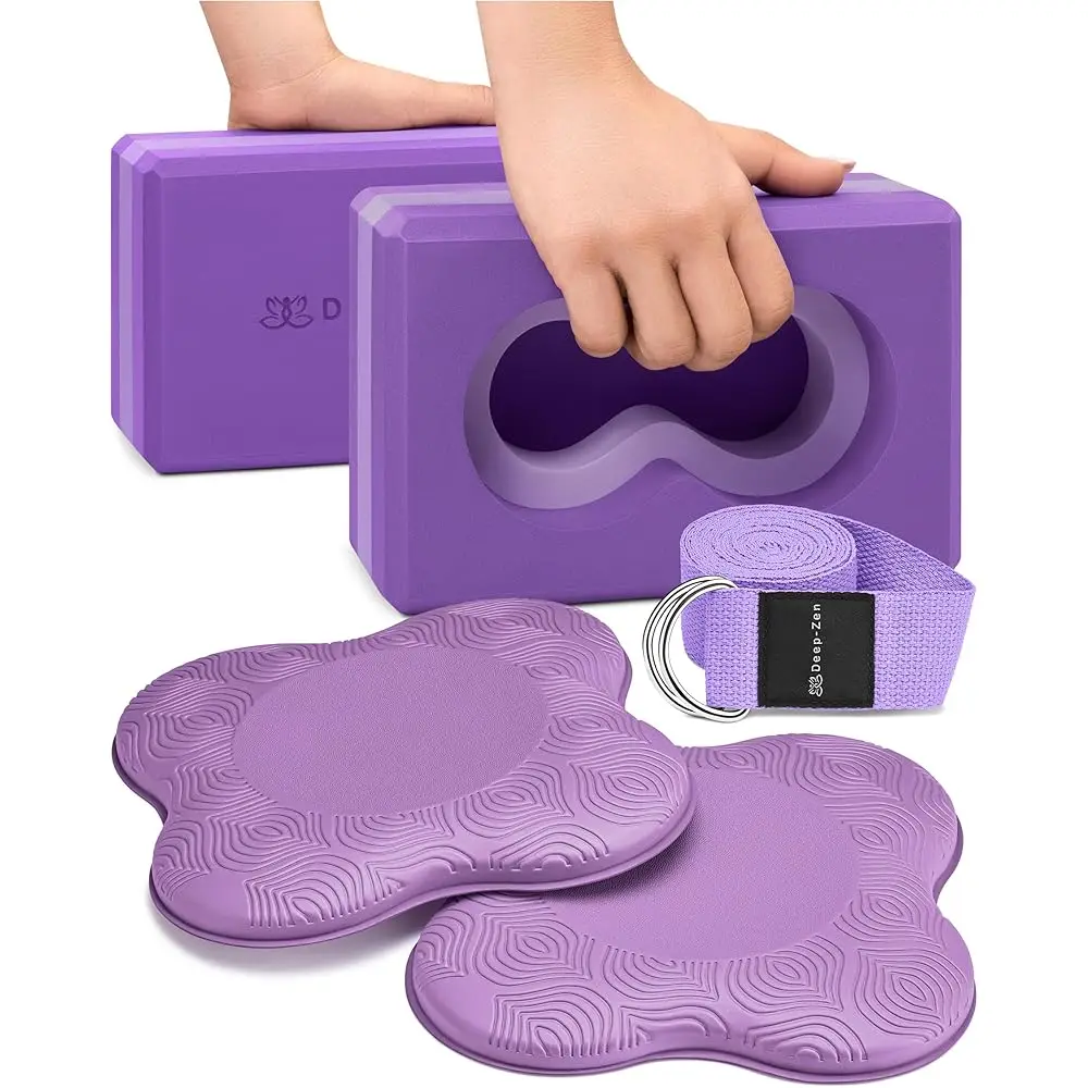 

® Блоки для йоги с поддержкой запястий; Набор из 2 блоков для йоги с наколенниками и ремнем для снижения нагрузки на запястья; Прочные, универсальные блоки для йоги