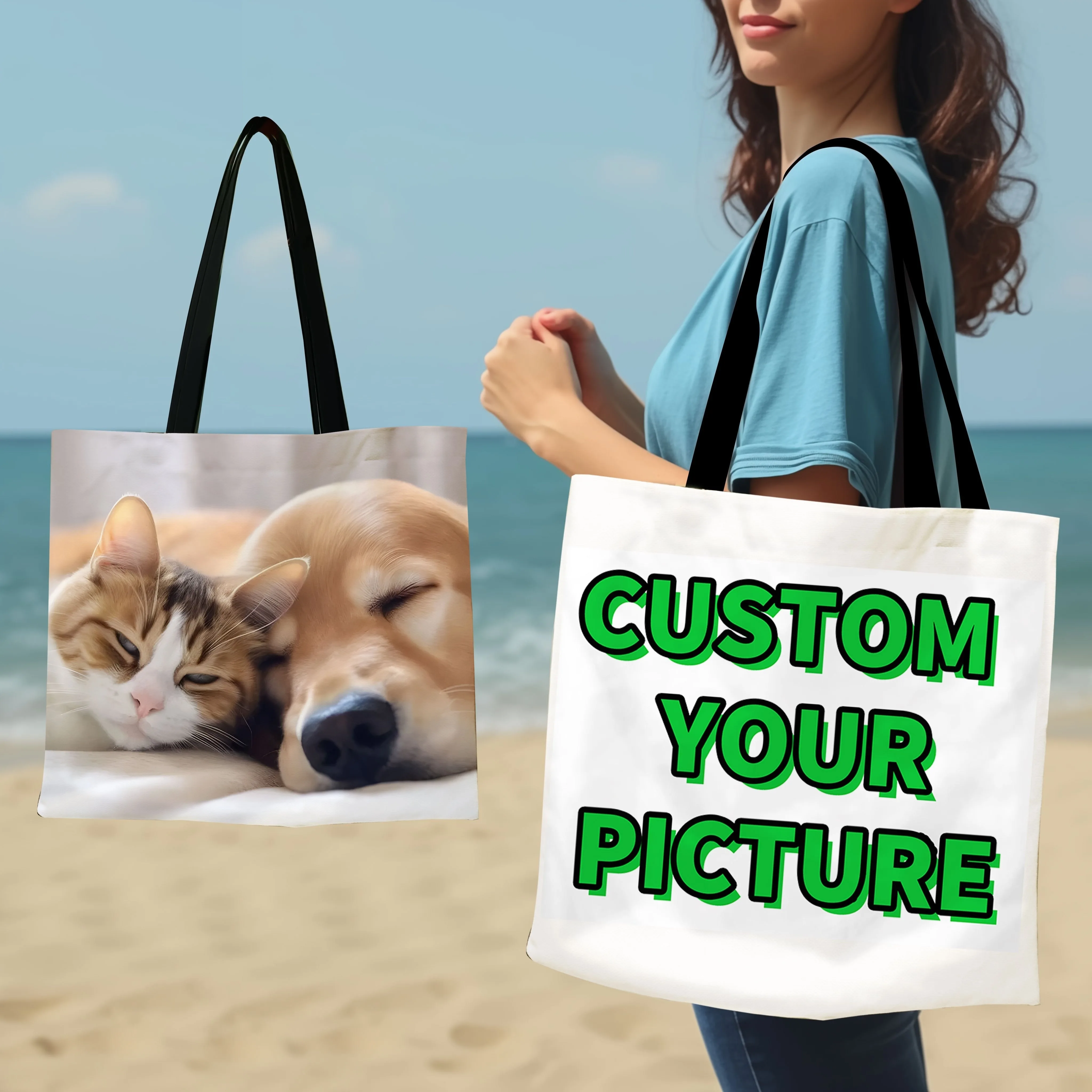 Custom Photo Tote Bag Personalized Reusable Grocery Shopping Shoulder Bag with Foldable Design Polyester Storage Pouch