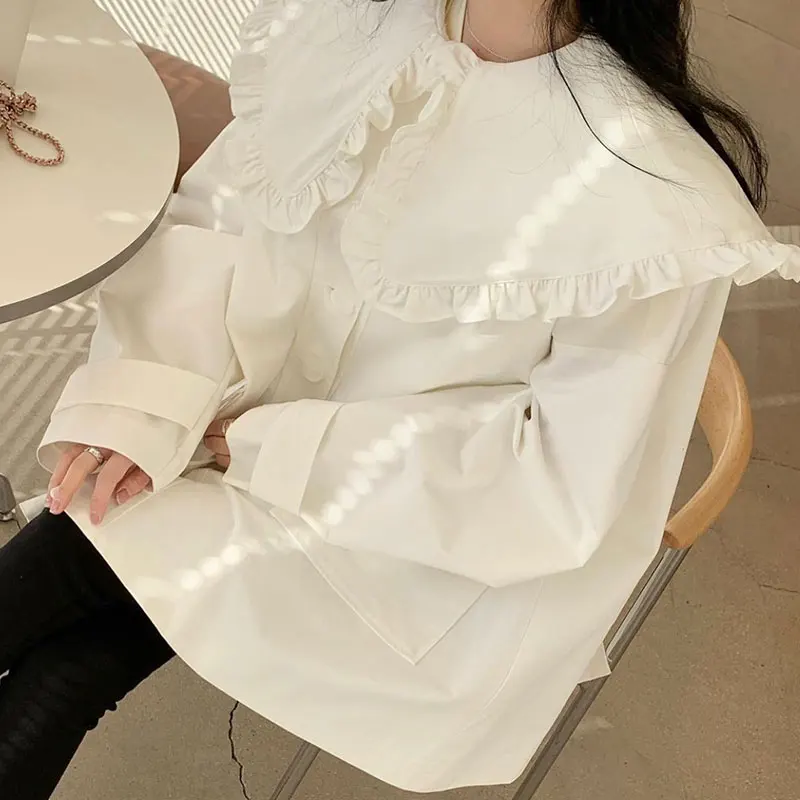 Matakawa Peter Pan Collar Solid Women Shirts Korean Chic Autumn Loose Blusas Mujer Single Breasted Sweet Ruffles Blouse Elegant