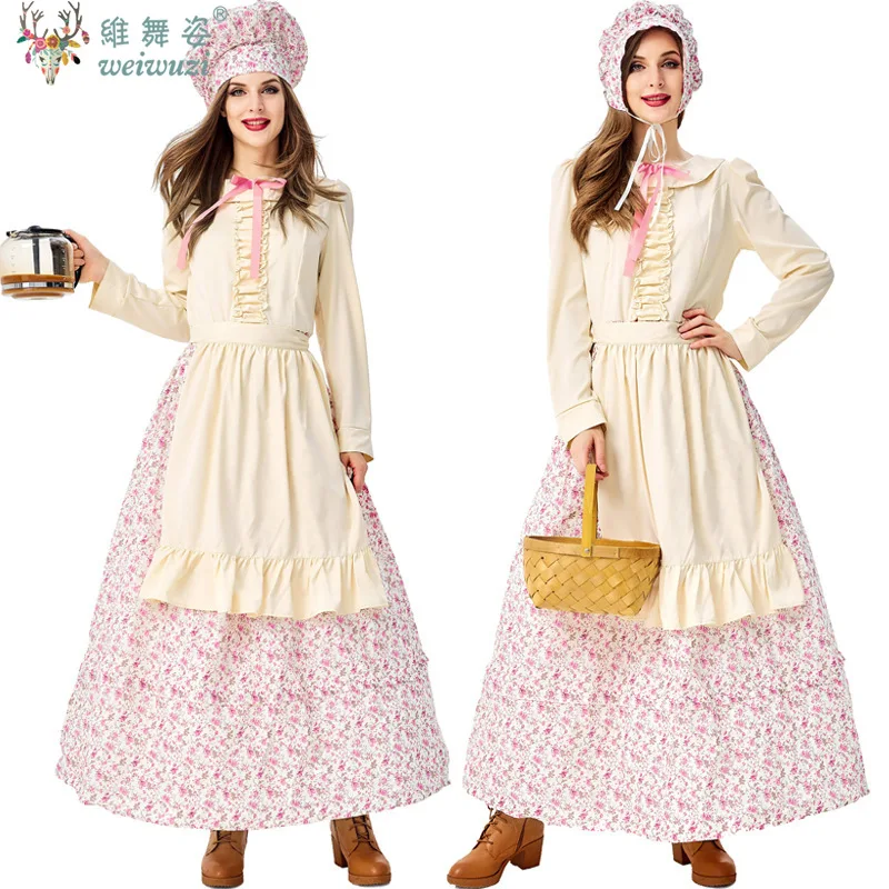

Carnival Halloween Farm Maid Little House Costume Prairie Pioneer Pastry Chef Women Laura Role Play Cosplay Fancy Party Dress