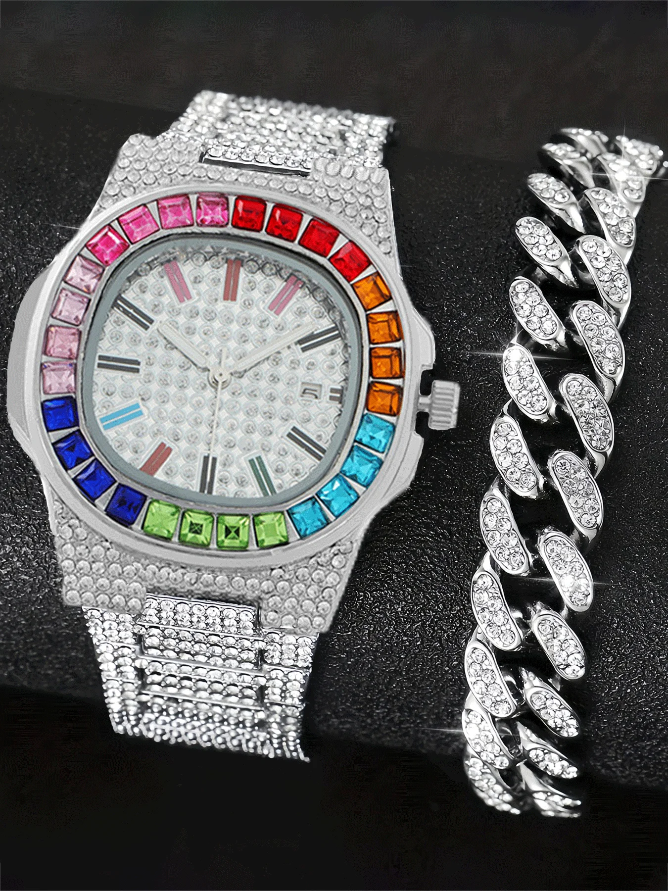 

Модные часы из 2 предметов, мужские и женские браслеты в стиле хип-хоп со звездным небом и бриллиантами