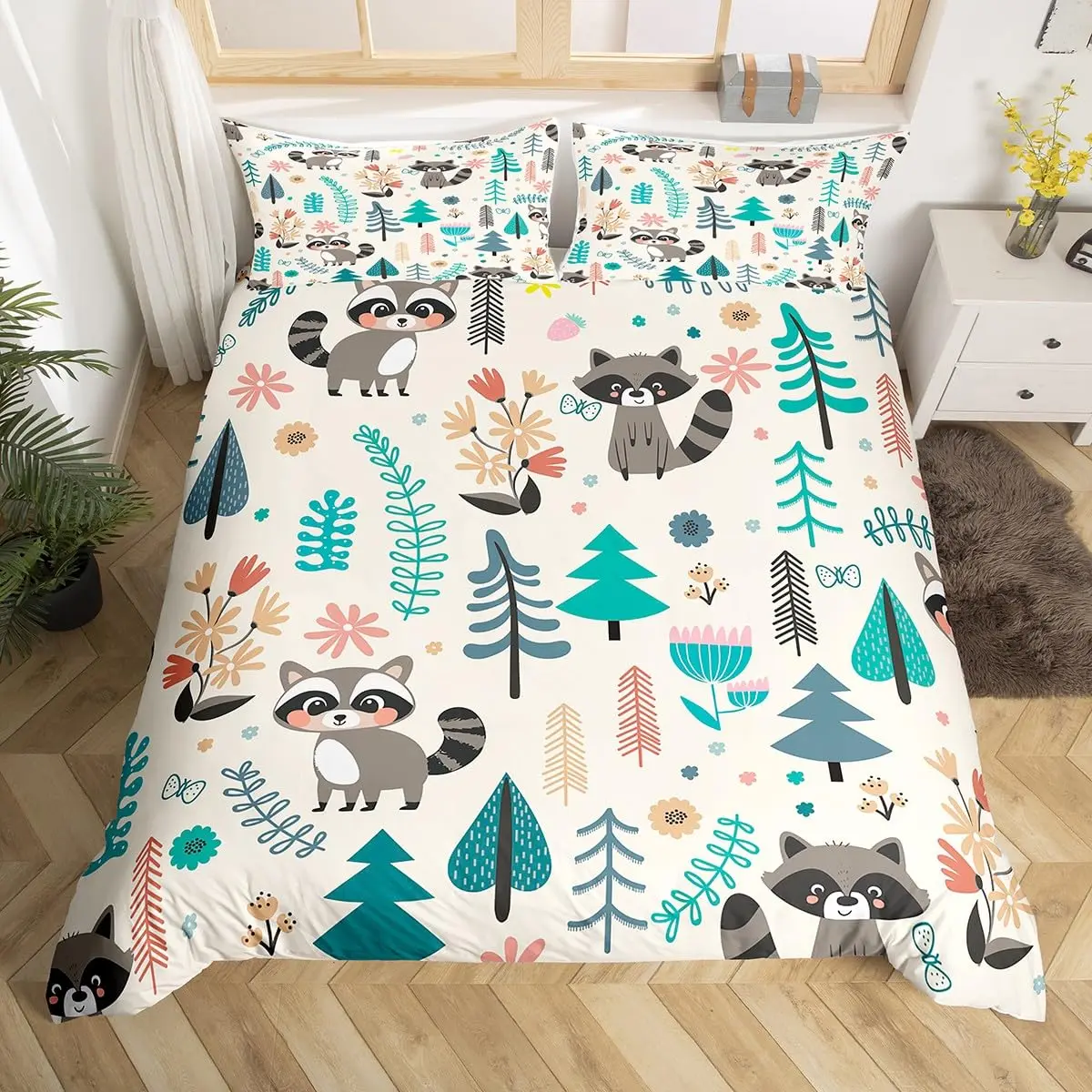 

Cartoon Raccoon Bedding Set Cute Raccoon Duvet Cover for Kids Boys Girls Raccoon Lover Gift Wildlife Comforter Cover Twin Queen