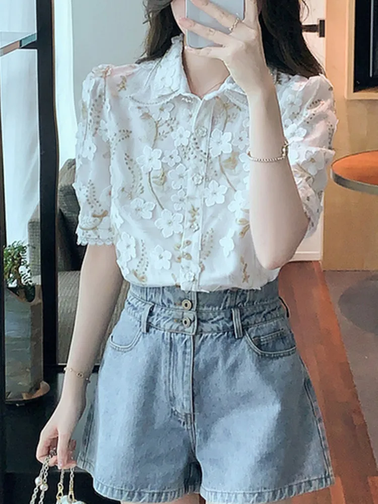 SMTHMA Summer New French Vintage Flower Embroidery Shirt Women\'s Fashion Design Elegant Lapel Short Sleeve Top