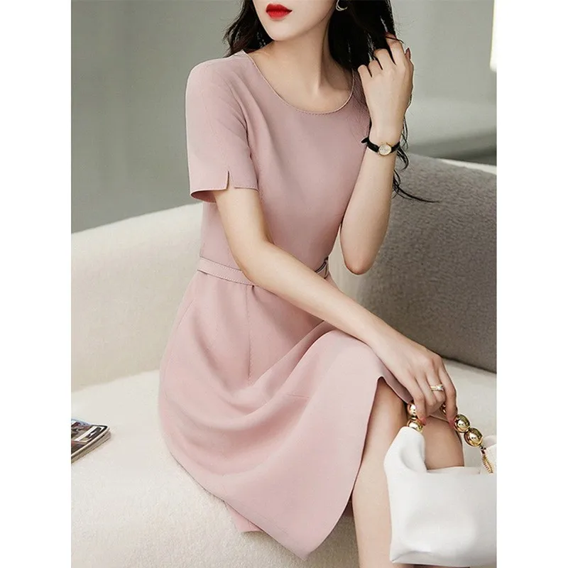 

Новая летняя повседневная деловая платье-рубашка с высокой талией и А-образным силуэтом из ацетатного материала, с коротким рукавом и круглым вырезом, коллекция 2024 года