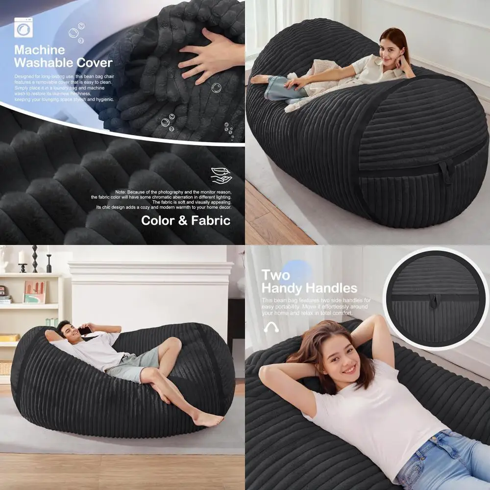 Riesiger 5-Fuß Memory-Schaum Sitzsack für Erwachsene - Komfortabler Sofa-Lounger für Wohnzimmer, Spielzimmer oder Schlafzimmer in Schwarz