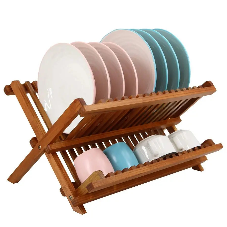 

Teak Dish Drainer Rack Collapsible 2 Tier Dish Rack Dish Drying Rack Foldable Plate Organizer Holder for Kitchen Compact