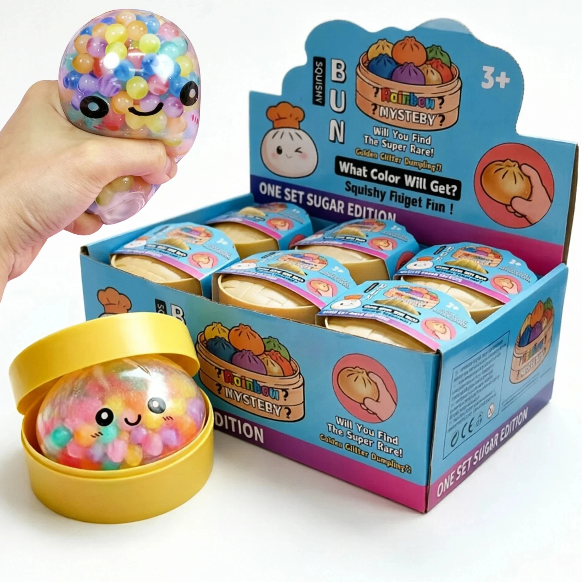 Rainbow Dumpling Squishy with Bead Sensory Squeeze Toy for Stress Relief with Bamboo Steamer Funny Gift