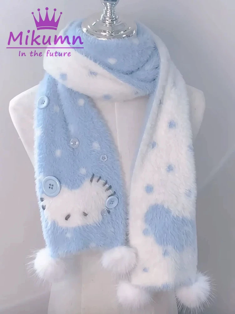 Mikumn harajuku bonito dos desenhos animados gato cachecol de pelúcia japonês y2k feminino meninas inverno quente dupla face malha longo cachecol streetwear