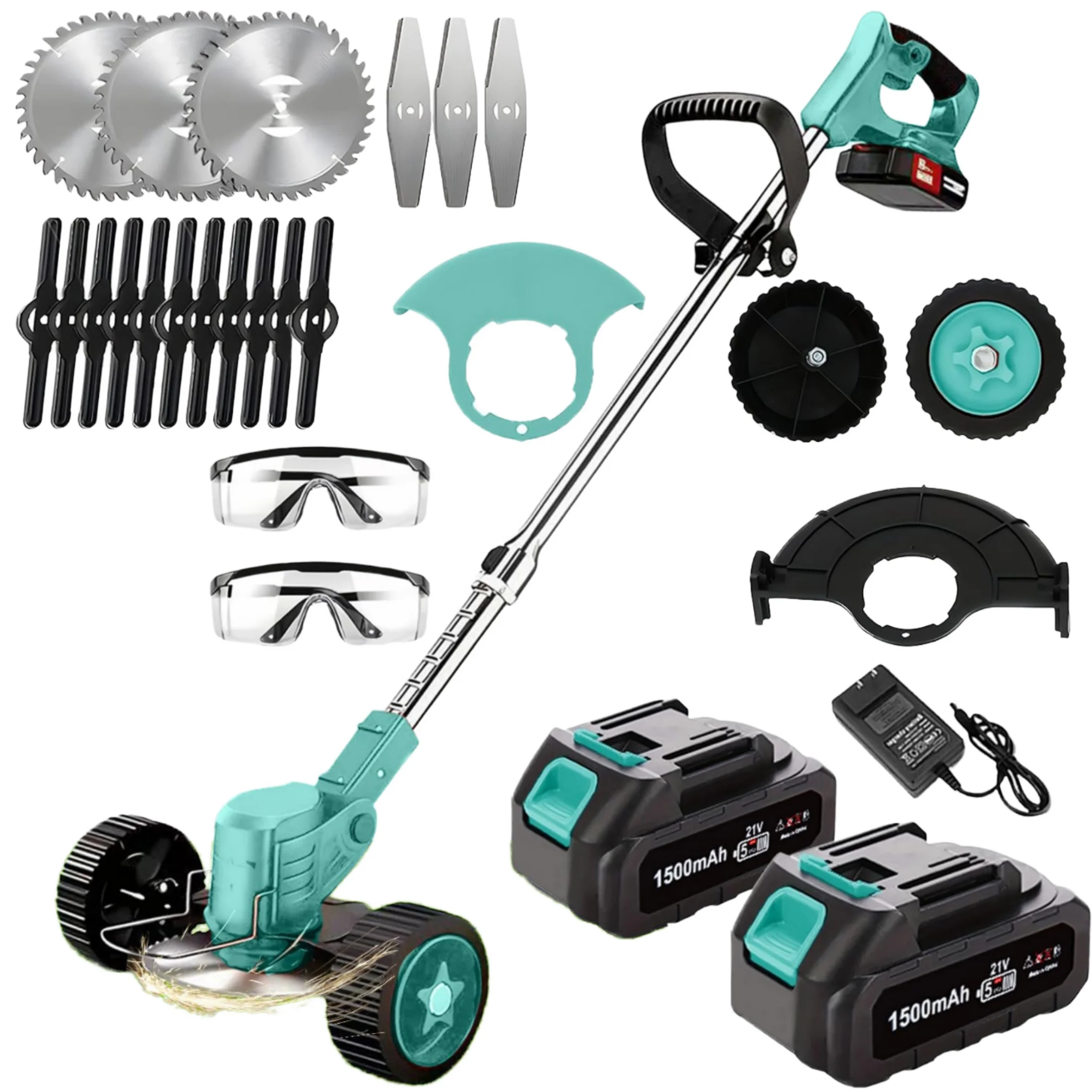 

Light Blue Electric Cordless String Trimmer 3 in 1 Adjustable Lawn Weed Two Batteries Industrial Grade Garden Care 21V