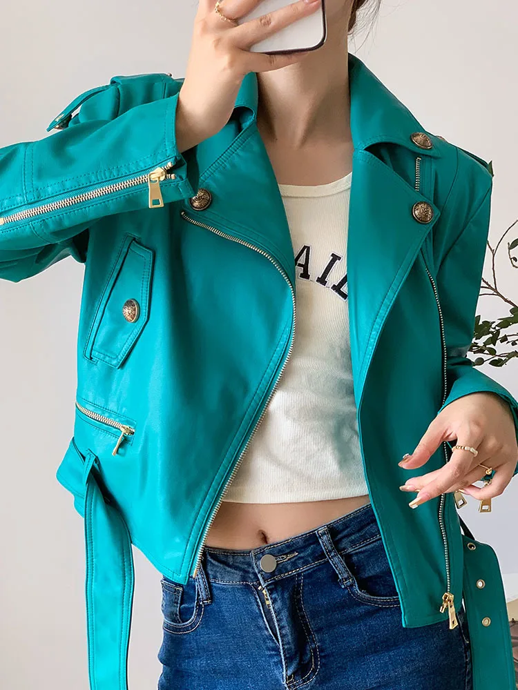 Spring Autumn Short Loose Cool Stylish Green Black White Faux Leather Biker Jacket Women Zipper Belt Long Sleeve 2023