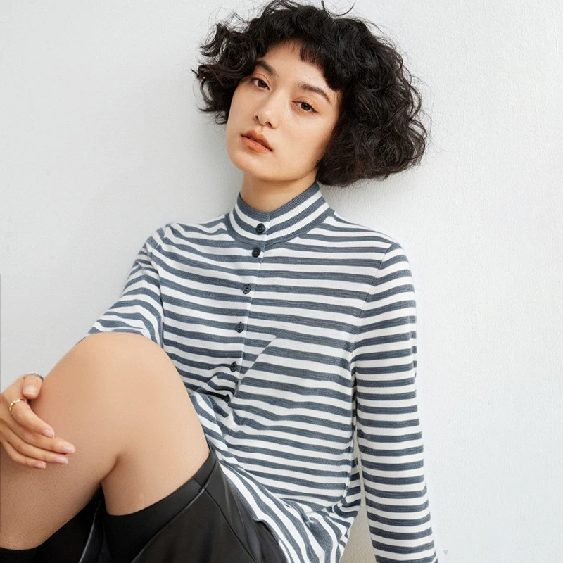 

Women's 100% Pure Spun Wool Cardigan Casual Striped Knitted Long Sleeve Jumper Stand up Collar Spring/Autumn Top