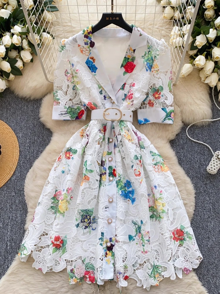 

Hook Flower Hollow Single Breasted Notched Sexy Bodycon Dress Chic Vintage Sashes French Fashion Party Elegant Fashion Dresses