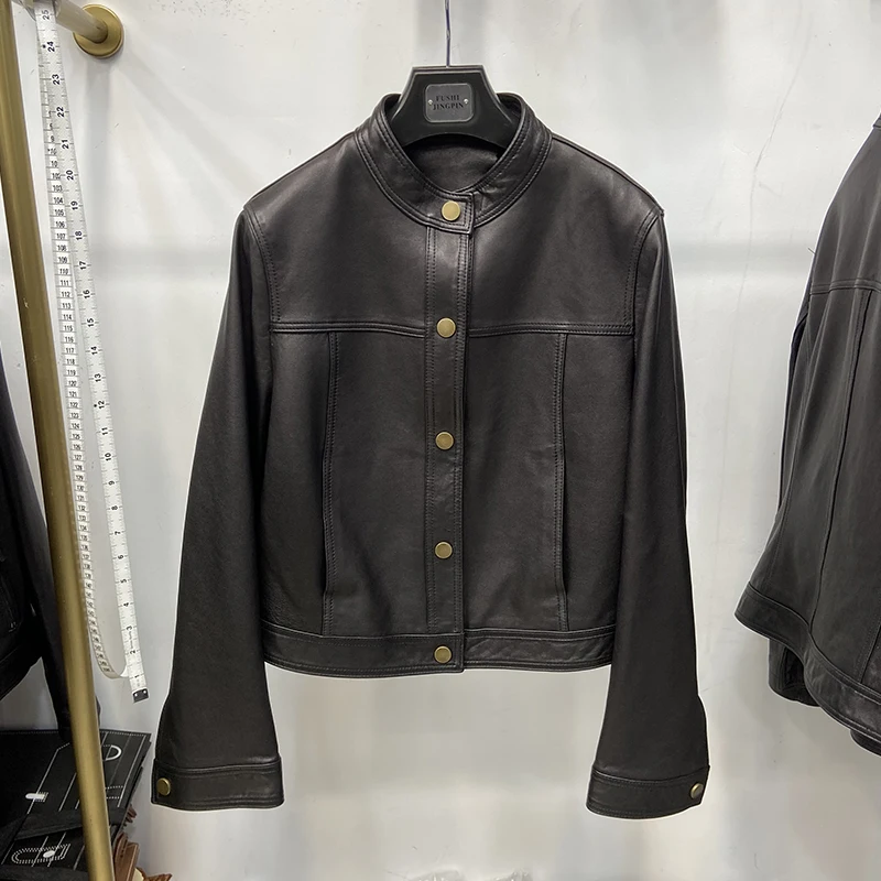

Весенняя женская куртка из натуральной овечьей кожи, осенняя модная классическая черная кожаная куртка-пальто