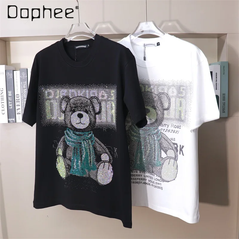 Summer Top Cartoon Rhinestone Bear Fashion Brand Short Sleeve T-shirt Men's and Women's Oversized Round Neck Top Black and White