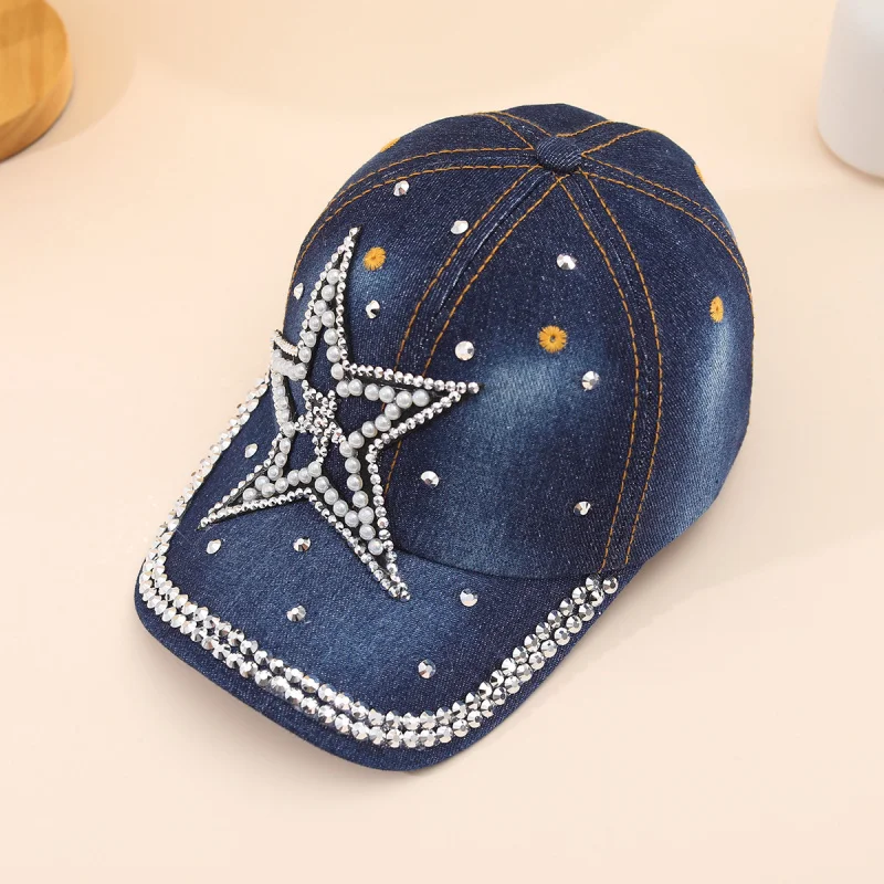 New autumn and winter studded denim baseball cap, fashionable heart-shaped, five-pointed star, pearl duckbill cap, windproof hat