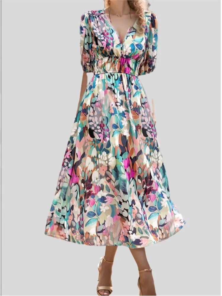 

Casual Print Loose Dress For Female Fashion Short Sleeve V Neck High Waist Dresses Women Holiday Beach Skirt Robe Femme Summer