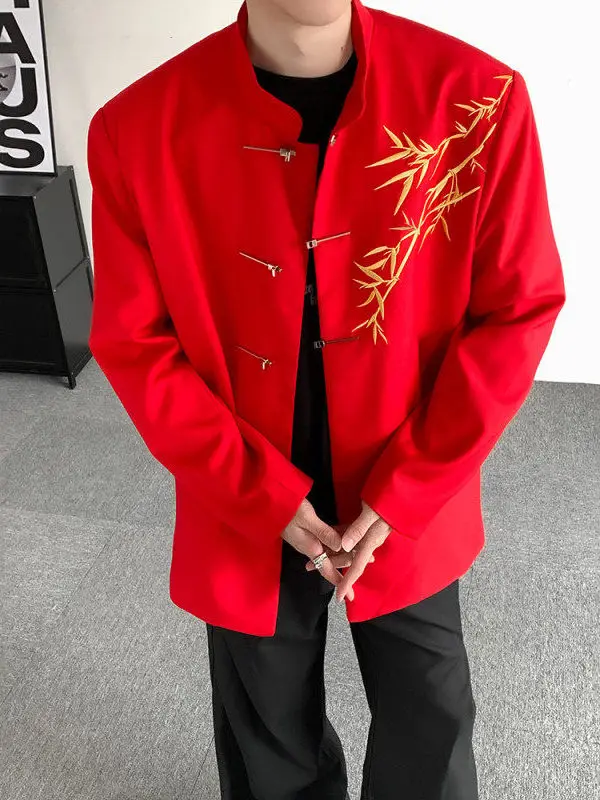 

New Chinese Sle Wedding Suit Red Celebration Padded oulder Men's Outerwear Soft Polyester Fabric Stand Fit Casual Wear