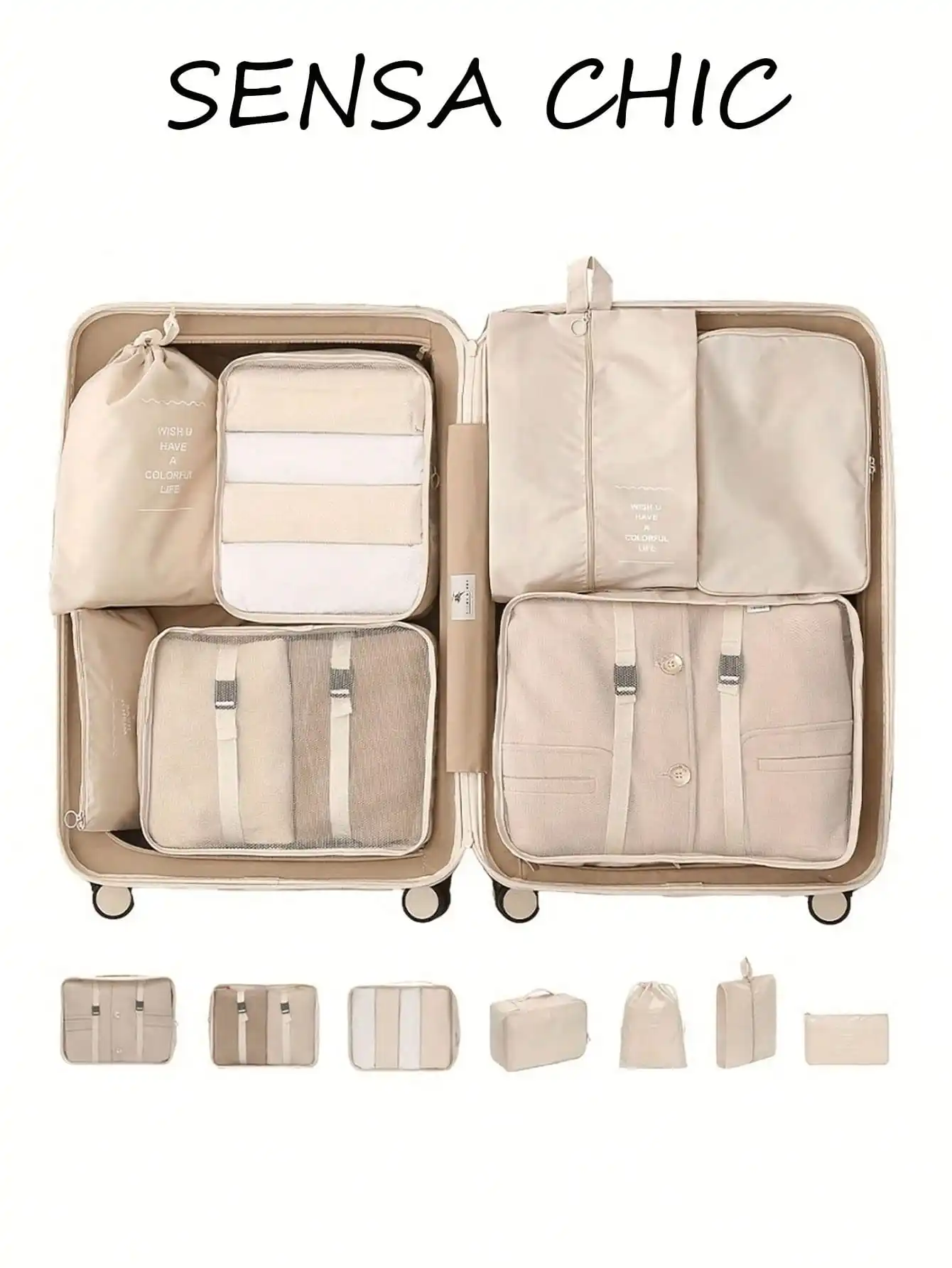 

7Pcs Beige Fabric Travel Storage Bag Set, Multi-Function Waterproof Clothing Sorting Pouches, For LWeekend Getaways, Daily Busin