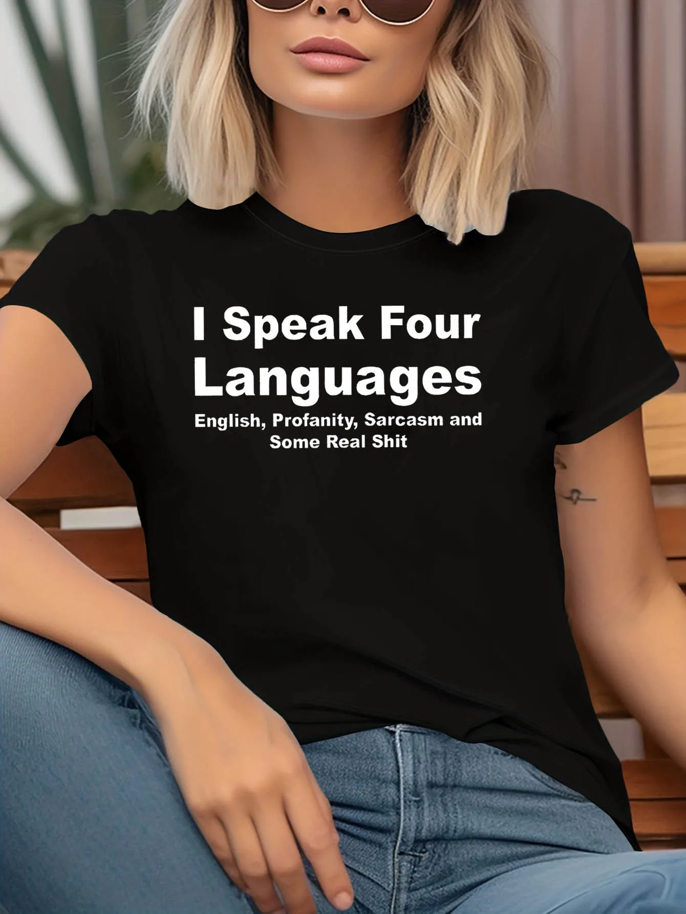 I Speak Four Languages Sarcasm Humor Letter Print T Shirt for Women Spring Summer Short Sleeve Crew Neck Casual Daily Leisure