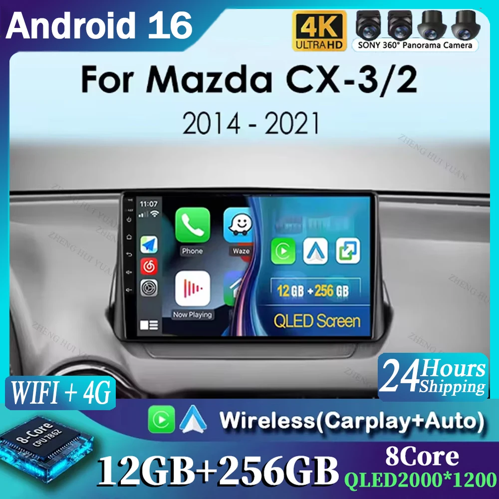 For Mazda CX-3 DK Mazda 2 DJ 2014 - 2023 Android 16 Carplay Auto 360 Camera Car Radio Multimedia Video Player Navigation GPS