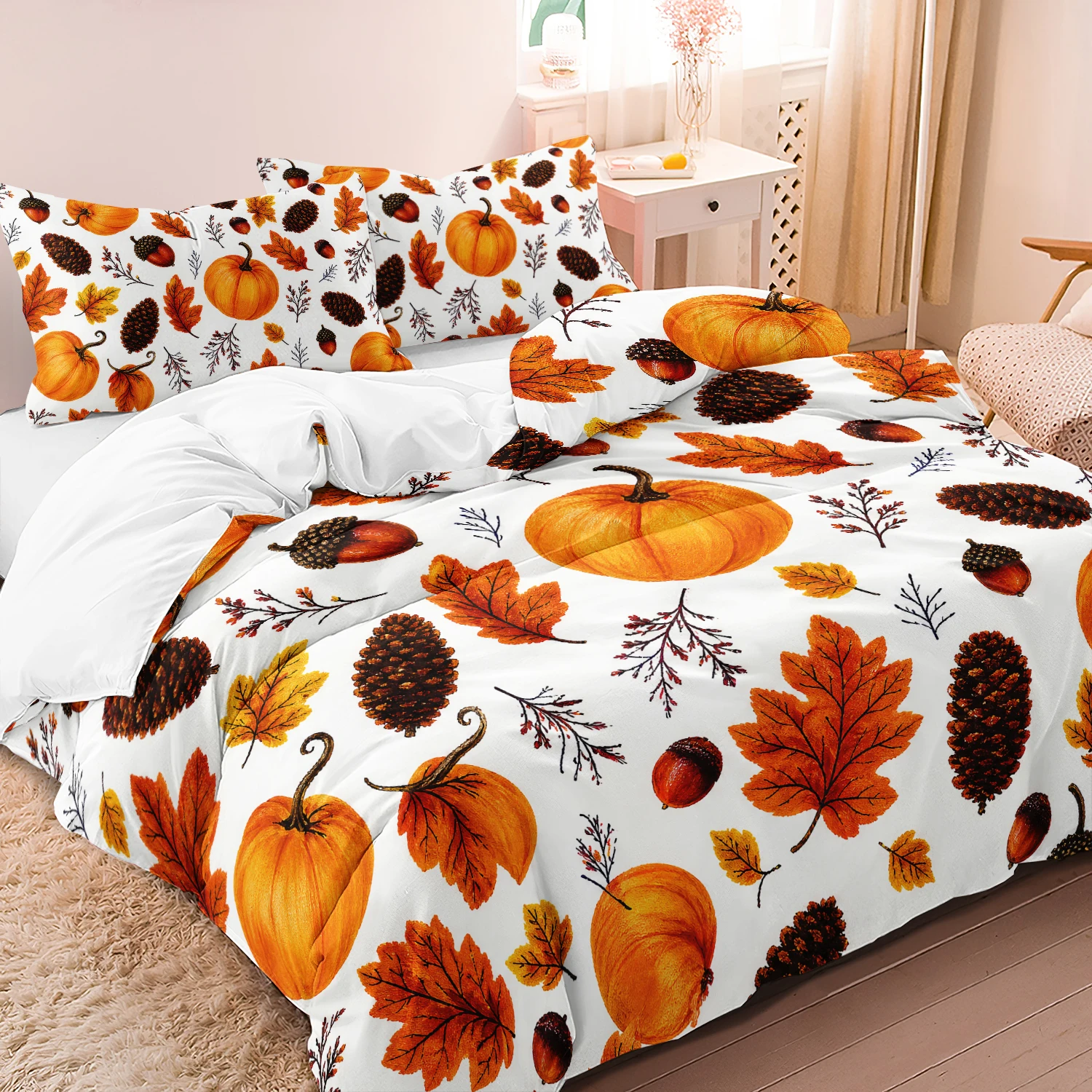 3Pcs White Fall Pumpkin Maple Leaf Duvet Cover Set, Pumpkin Maple Leaf Pinecone Acorn Pattern, Thanksgiving Bedroom Decoration