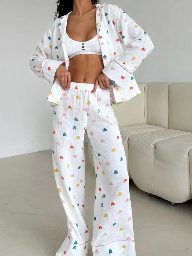 Linad Loose Women\'s Home Clothes 2 Piece Sets Fashion Print Long Sleeve Sleepwear Female Trouser Suits Cotton Summer Casual