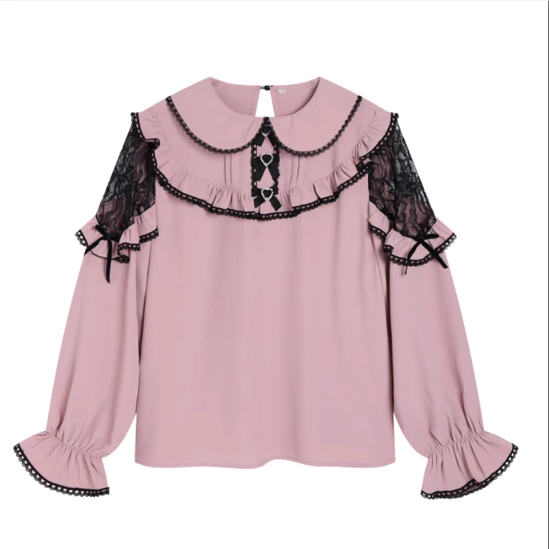 Y2k Bow Ruffle Blouse Women Japanese JK Kawaii Lace Ruffle Shirt Harajuku Cute Ladies Top 2024 Elegant Lolita Blusas Camisas