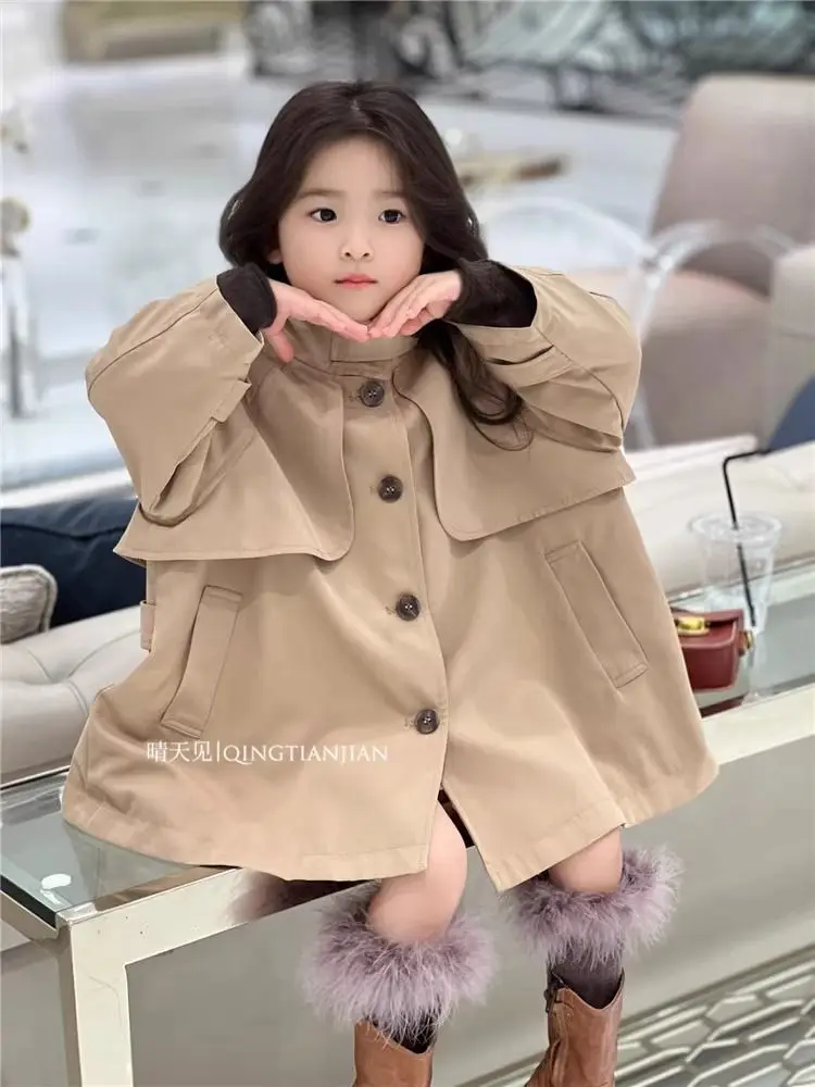 Girls' British Style Lapel Trench Coat 2026 Spring/Autumn New Versatile Children's Mid Length Single Breasted Jacket